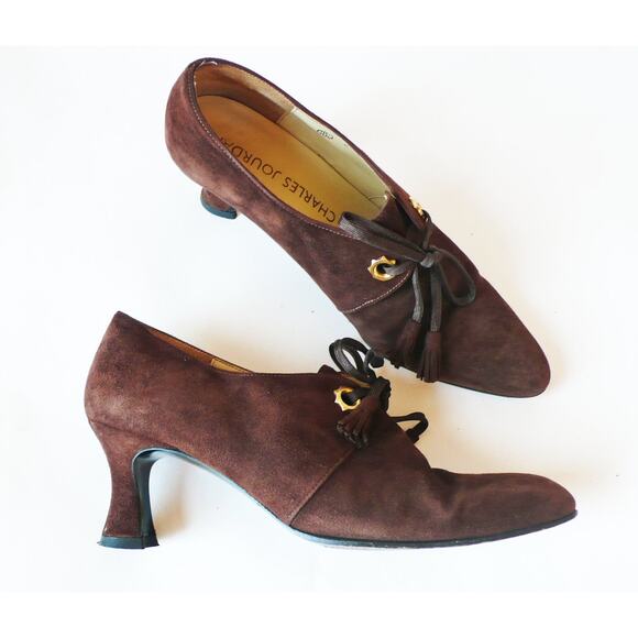 Charles Jourdan Shoes - VTG CHARLES JOURDAN 80s Suede Oxford Booties Lace-up Court Shoe Sz 6 Tassel Tie
